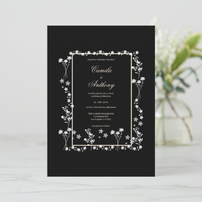 Invitación Boda de borde floral negro (Anverso de pie)