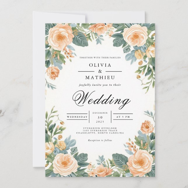 Invitación Boda de borde floral Pastel Peach (Anverso)