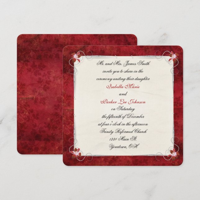 Invitación Boda de borde floral rojo (Anverso / Reverso)