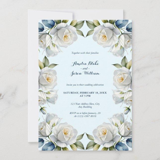 Invitación Boda de borde floral rosa blanca Blue Pastel (Anverso)