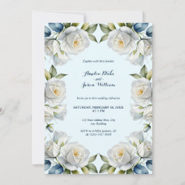 Invitación Boda de borde floral rosa blanca Blue Pastel