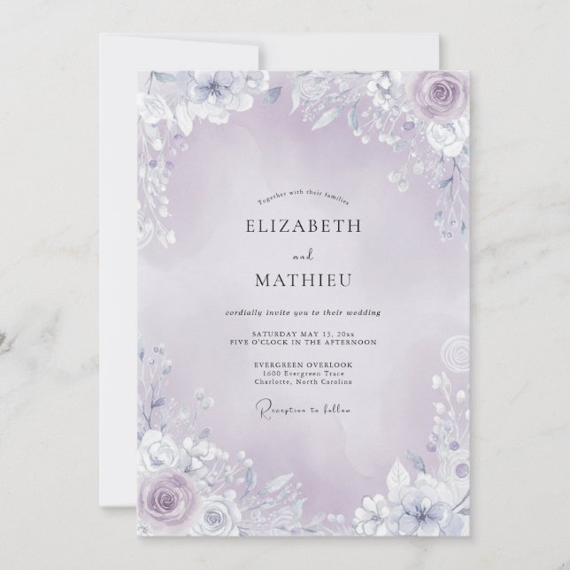 Invitación Boda de Borde Floral Suave de Lavanda (Anverso)