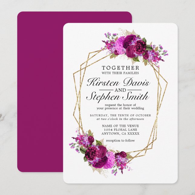 Invitación Boda de borde geométrico de oro floral de vino de  (Anverso / Reverso)