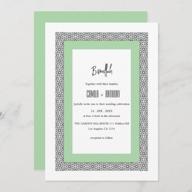 Invitación Boda de borde geométrico islámico turquesa (Anverso / Reverso)