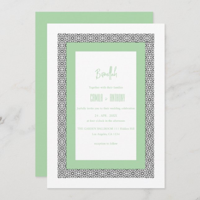 Invitación Boda de borde geométrico islámico turquesa (Anverso / Reverso)