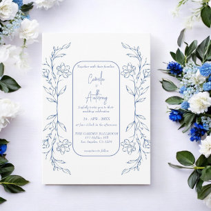 Invitación Boda de borde lateral de Boho floral azul