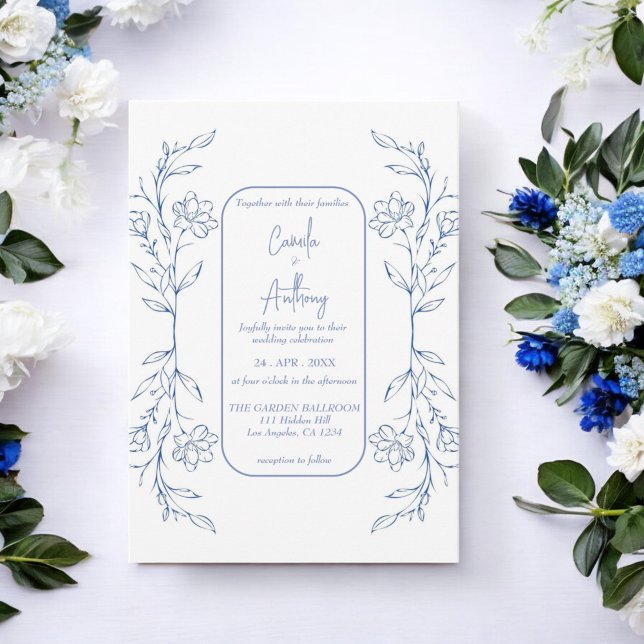 Invitación Boda de borde lateral de Boho floral azul (Subido por el creador)
