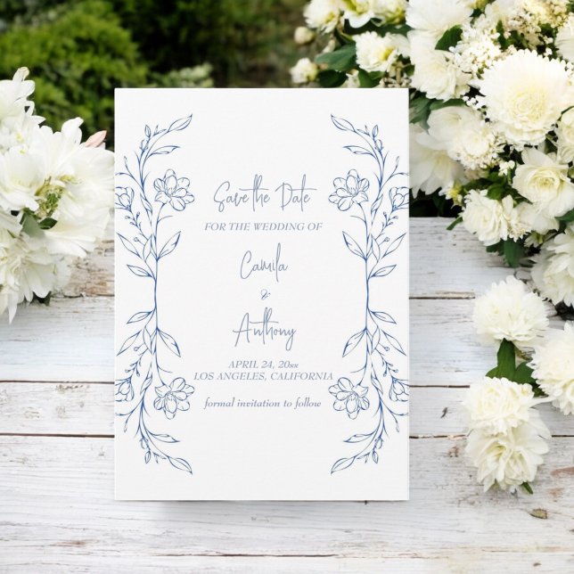 Invitación Boda de borde lateral de Boho floral azul (Subido por el creador)