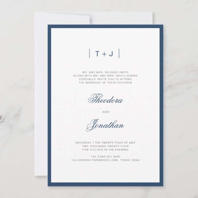 Invitación Boda de borde monograma moderno azul de la Marina (Anverso)