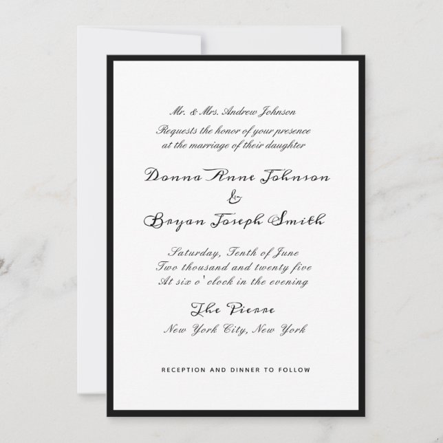 Invitación Boda de borde negro formal clásico (Anverso)