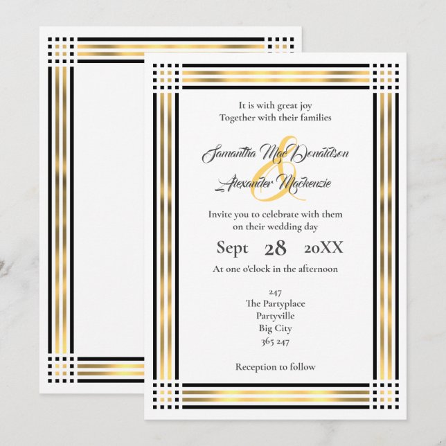 Invitación boda de borde negro y dorado (Anverso / Reverso)