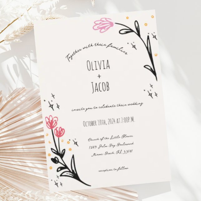 Invitación Boda de borde ondulado de flor silvestre dibujado  (Subido por el creador)