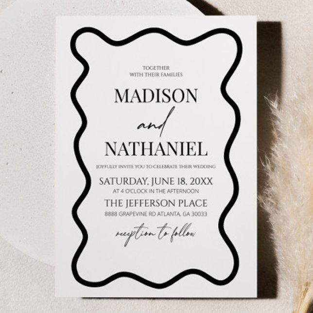 Invitación Boda de borde ondulado elegante blanco negro (Subido por el creador)