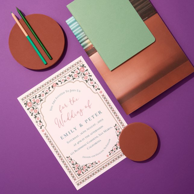 Invitación Boda de borde oriental con vintage de marco floral (Elegant Oriental Frame Floral Border Wedding Invitation)