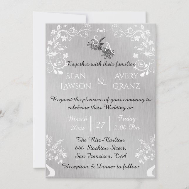 Invitación Boda de borde ornamental blanco y plateado (Anverso)