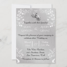 Invitación Boda de borde ornamental blanco y plateado