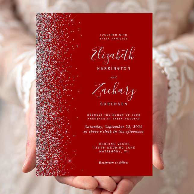 Invitación Boda de borde plateado rojo carmesí moderno (Subido por el creador)