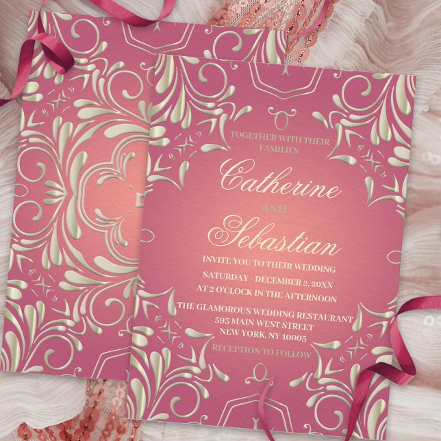 Invitación Boda de borde romántico de oro rosado clásico (Subido por el creador)