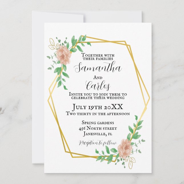 Invitación boda de borde rosa y floral de Rubor (Anverso)