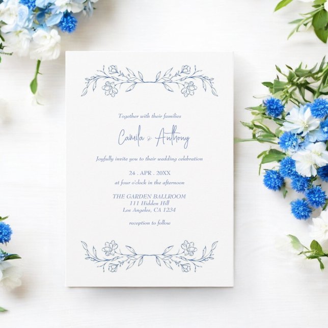 Invitación Boda de borde superior de Blue Floral Boho (Subido por el creador)