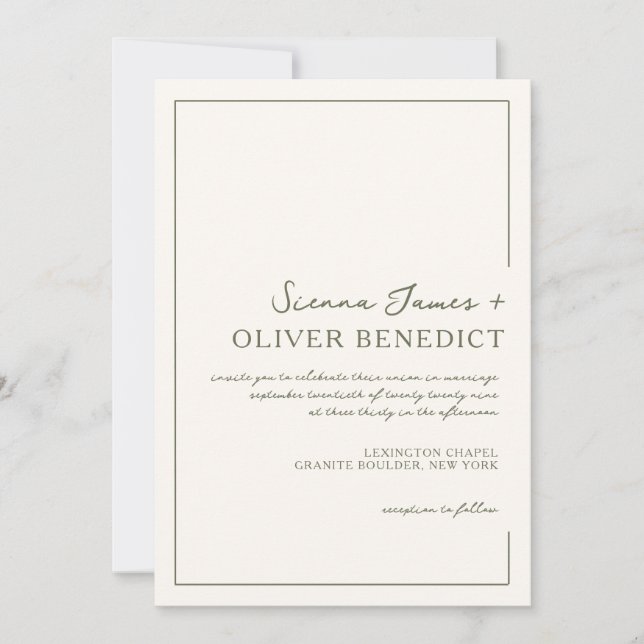 Invitación Boda de borde verde con guión mínimo moderno (Anverso)