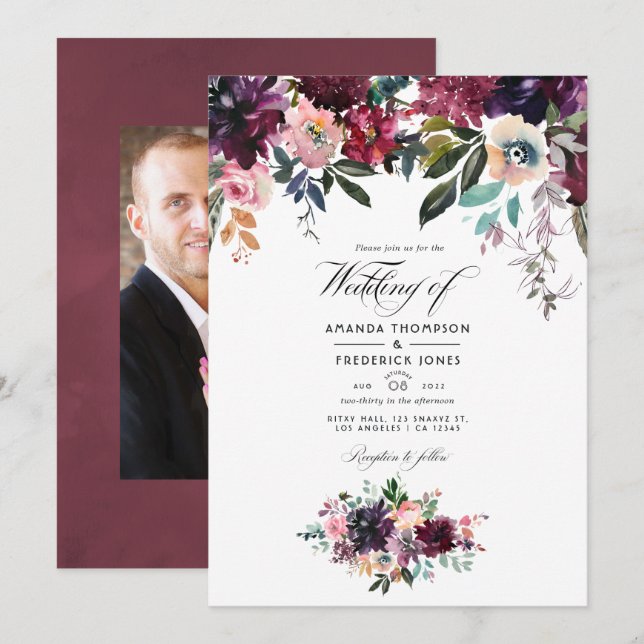 Invitación Boda de Bordeaux Wine Colorways (Anverso / Reverso)