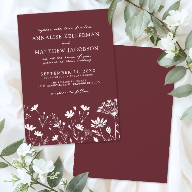 Invitación Boda de Borgoña con flores silvestres (Wildflower Burgundy Wedding Invitation)