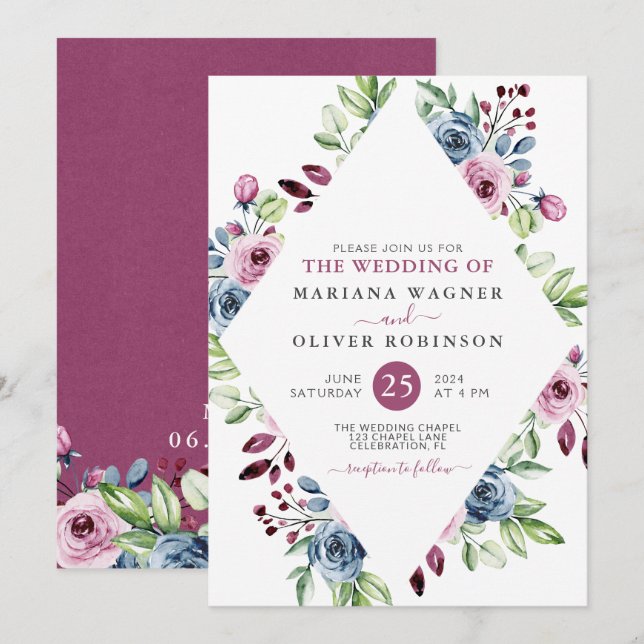 Invitación Boda de Borgoña de la Marina Floral Moderna (Anverso / Reverso)