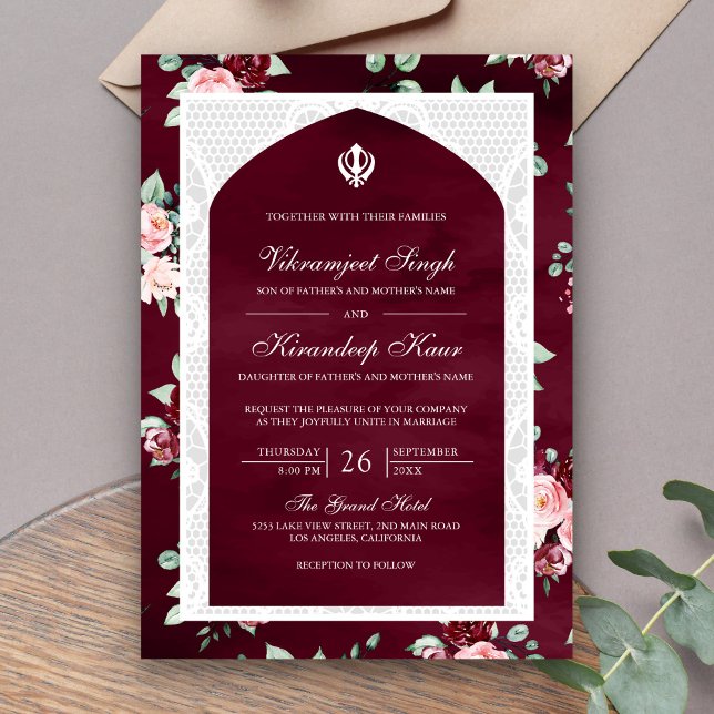 Invitación Boda de Borgoña Floral Anand Karaj Punjabi Sikh (Subido por el creador)
