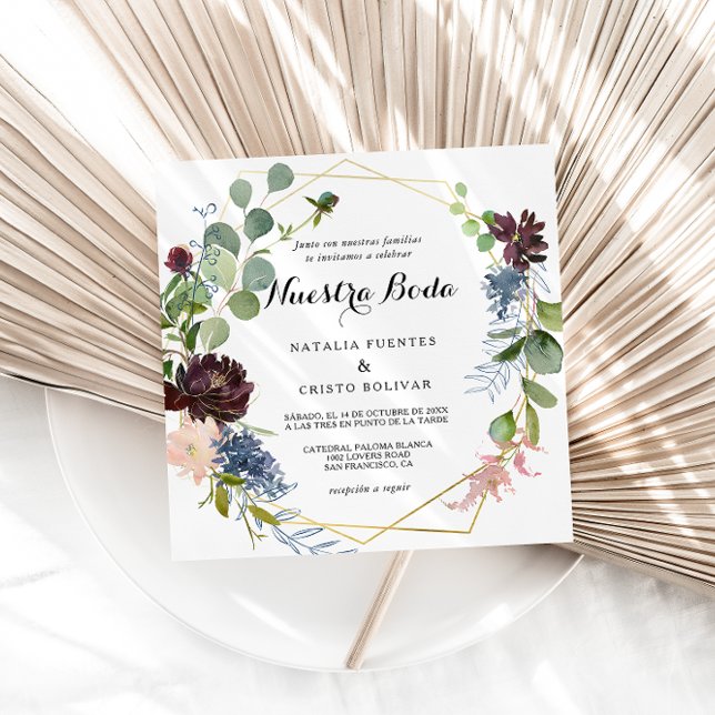Invitación Boda de Borgoña Floral y Verde Español (Subido por el creador)
