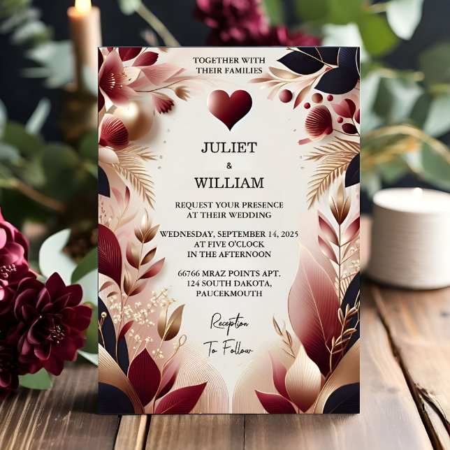 Invitación Boda de Borgoña Maroon Tradicional Caída Pareja (Subido por el creador)