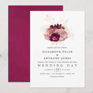 Invitación Boda de Borgoña - Marsala Rubor Rosa y Dorado