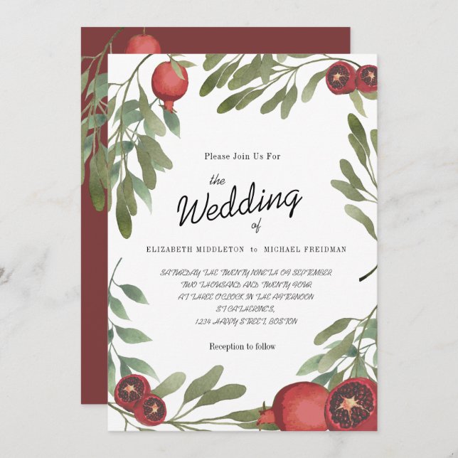 Invitación Boda de Borgoña Pomegrana hojas botánicas (Anverso / Reverso)