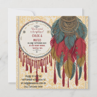 Invitación Boda de borlos, plumas y nudos de moda Boho