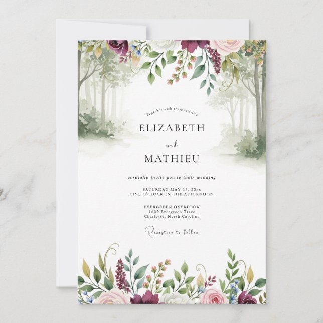 Invitación Boda de bosque brumoso de Borgoña (Anverso)
