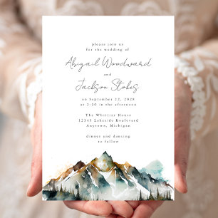 Invitación Boda de bosque de hoja perenne montañas acuarela