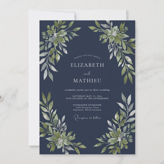 Invitación Boda de bosque de madera pulida azul marino (Anverso)