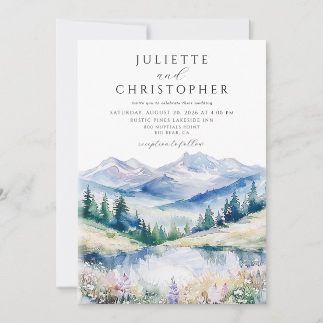 Invitación Boda de bosque de montaña con acuarela (Anverso)