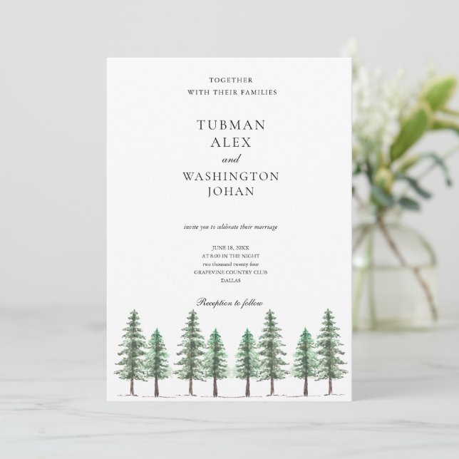 Invitación Boda de bosque de pino acuarela (Anverso de pie)