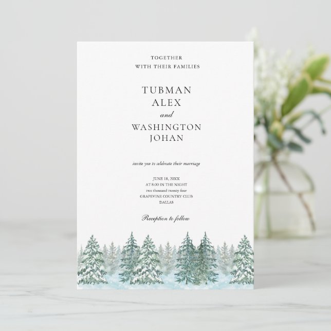 Invitación Boda de bosque de pino acuarela (Anverso de pie)