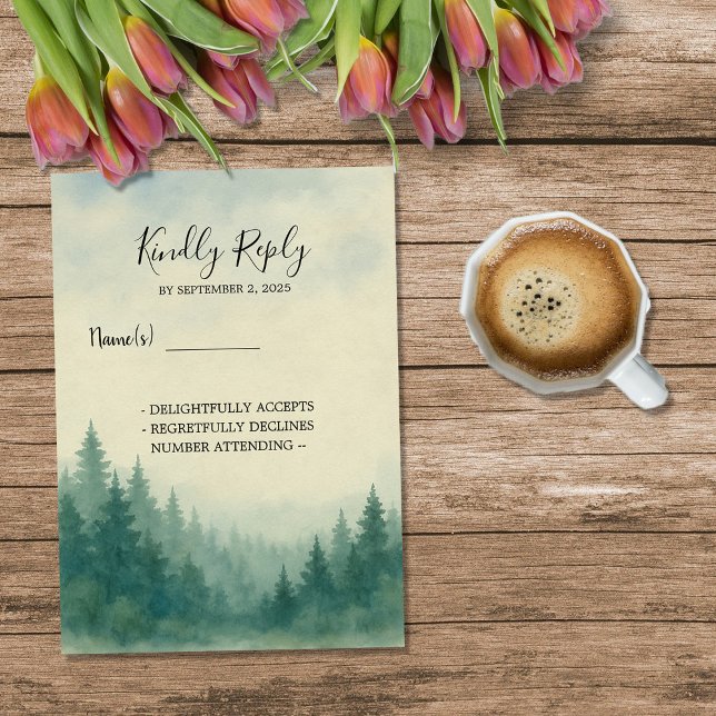 Invitación Boda de bosque de pino acuático RSVP (Watercolor pine tree forest wedding RSVP Invitation.)