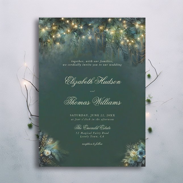 Invitación Boda de bosque encantado Woodland Romance (enchanted forest woodland wedding invitation emerald hunter green gold magical bespoke calligraphy)