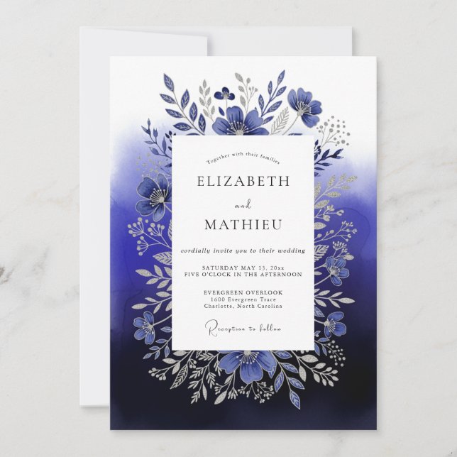Invitación Boda de bosque floral azul profundo (Anverso)