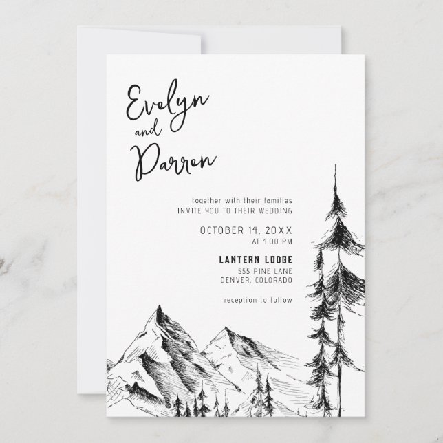 Invitación Boda de bosquejo de la montaña forestal (Anverso)