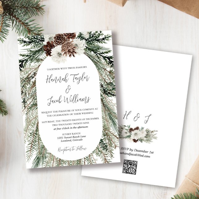 Invitación Boda de bosques de pino de invierno con código QR  (winter pine forest wedding qr code invitation)
