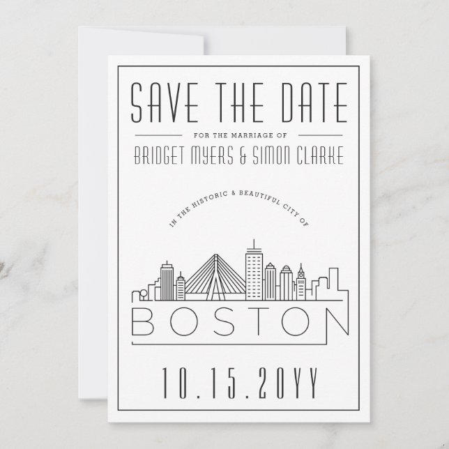 Invitación Boda de Boston | Estilizado Skyline Guardar la fec (Anverso)
