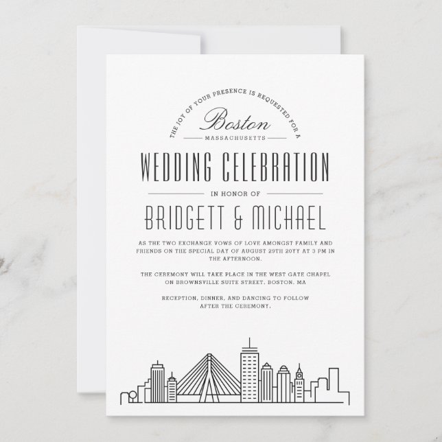 Invitación Boda de Boston | Modern Deco City Skyline (Anverso)