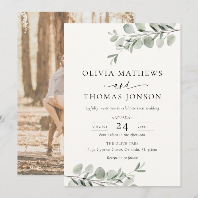 Invitación Boda de Botánica Moderna y Foto  (Anverso / Reverso)