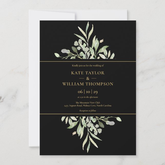 Invitación Boda De Botánica Negra Y Dorada (Anverso)