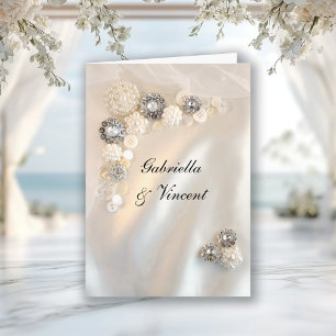 Invitación Boda de botones de perla blanca y diamantes falsos